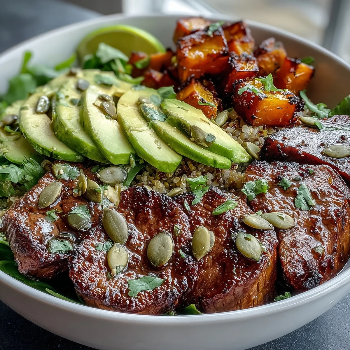 Golden-brown roasted butternut squash steak bowls are assembled over fluffy quinoa and greens, ready to be drizzled with lime-cilantro dressing.