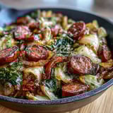 A hearty serving of Smothered Cabbage With Sausage Skillet topped with red bell pepper and onions, steaming on a platter.