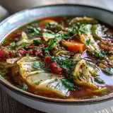 Hearty Classic Cabbage Soup simmering in a pot with diced carrots and tomatoes.