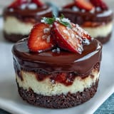 Easy Dubai Chocolate Strawberry Cheesecake Cups: rich chocolate biscuit base topped with creamy vanilla cheesecake and fresh strawberries, finished with glossy ganache.