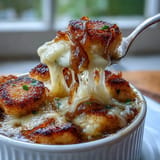 Hearty Gnocchi French Onion Soup in oven-safe bowls, ready to serve.