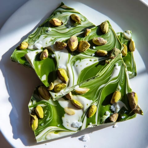 Creamy Pistachio Matcha White Chocolate bark, swirled with green matcha and topped with crunchy pistachios.