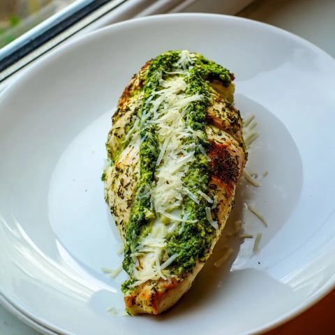 Golden baked Mozzarella & Pesto Stuffed Chicken breasts sliced open, revealing melted mozzarella and bright basil pesto filling.