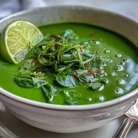 Creamy spinach coriander lemongrass soup garnished with fresh herbs and lime wedges, served steaming in a white bowl.