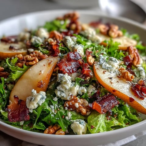 A vibrant Frisée, Pear, Blue Cheese, and Crispy Prosciutto Salad on a rustic wooden table, featuring fronds and thinly sliced fruit topped with crumbled cheese and salty meat shards.