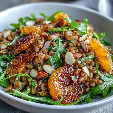 The finished Farro Salad with Fennel, Oranges, and Almonds served in a white bowl, showcasing the vibrant colors and textures for a fresh lunch.