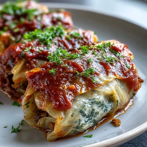 Golden-brown baked vegan cabbage rolls in rich tomato sauce, topped with fresh parsley.