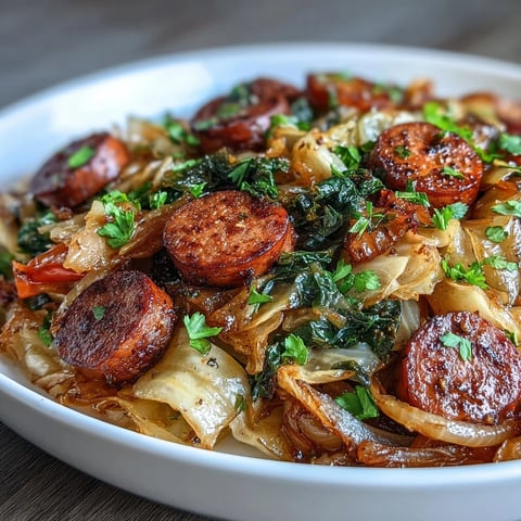 Sizzling Smothered Cabbage With Sausage Skillet with tender cabbage and browned sausage in a rustic cast-iron pan.