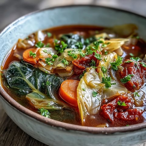 Steamy bowl of Classic Cabbage Soup with tender vegetables and fresh parsley garnish.