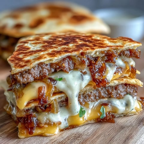Golden-brown Cheesy Griddled Smashburger Quesadillas, featuring melted cheddar and American cheese oozing from crispy edges.