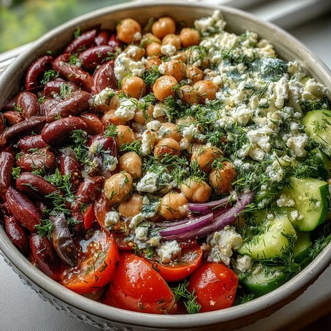 Bright Greek Bean Salad in a white bowl, featuring marinated beans, crisp cucumbers, sweet tomatoes, and crumbled feta cheese.