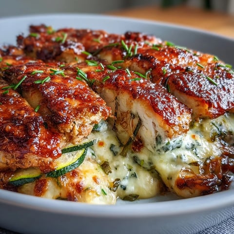 Golden-brown High Protein Chicken Zucchini Bake with melted mozzarella and fresh parsley garnish, served warm in a baking dish.