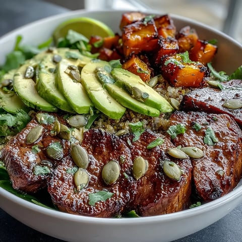 Golden-brown roasted butternut squash steak bowls are assembled over fluffy quinoa and greens, ready to be drizzled with lime-cilantro dressing.