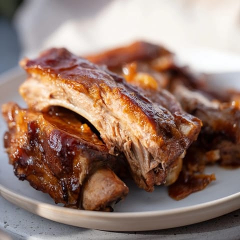 A close-up of a beautifully glazed slow-roasted pork shoulder, ready to be sliced, perfect for dinner.