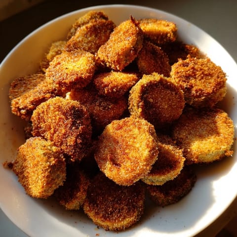 Close-up of freshly baked crispy zucchini rounds, a veggie appetizer with flavor and texture.