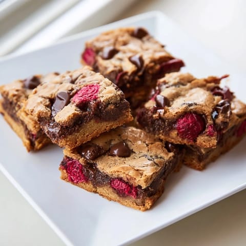 These homemade White Chocolate and Raspberry Blondies feature golden edges and a soft, chewy interior, a sweet treat.