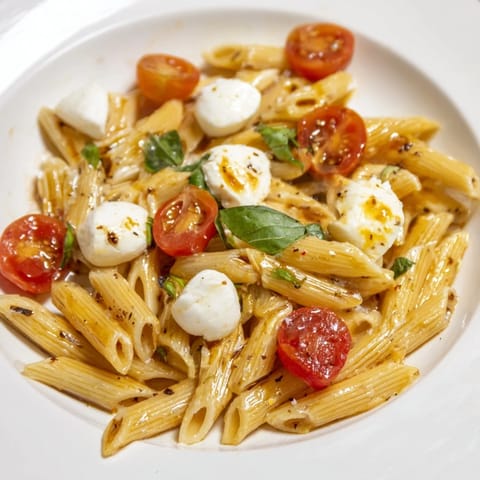 Fresh Caprese Pasta Salad, showing juicy tomatoes and creamy mozzarella with a balsamic glaze drizzle.