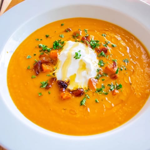 Steaming bowl of Sweet Maple Carrot Soup, garnished with parsley and a swirl of crème fraîche.