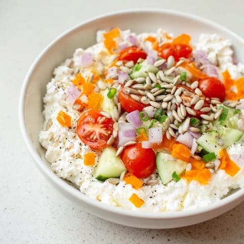 A brightly colored Cottage Cheese Snack Bowl, a high-protein, quick and easy lunch or snack option.