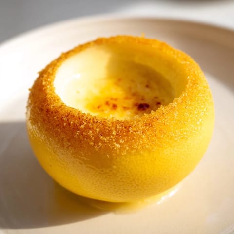 Refreshing, homemade Lemon Brûlée Posset, beautifully presented in lemon halves, a delightful dessert.