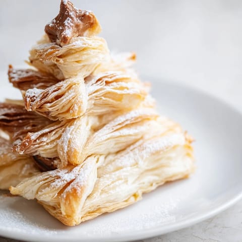 Festive Nutella Pastry Christmas Trees: golden, crispy pastry with warm, gooey chocolate hazelnut filling inside.