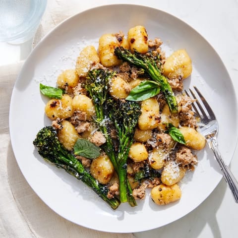 Hearty weeknight Sheet Pan Gnocchi Bake features roasted gnocchi, Italian sausage, and broccolini on a single sheet pan.