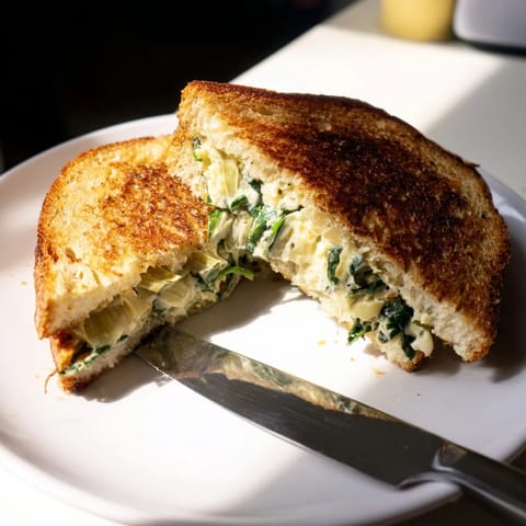 Crisp grilled cheese with vibrant green spinach and artichoke peeking from melted mozzarella.