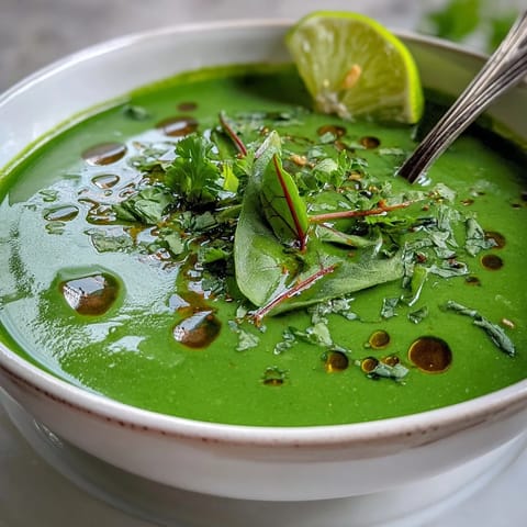 Silky green spinach coriander lemongrass soup swirls from a blender, its bright color inviting a light vegan lunch.