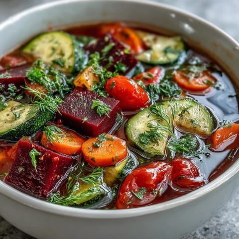 Close-up photo of steaming Rainbow Vegetable Detox Soup featuring zucchini, tomatoes, and green bell peppers in a rustic bowl.  
