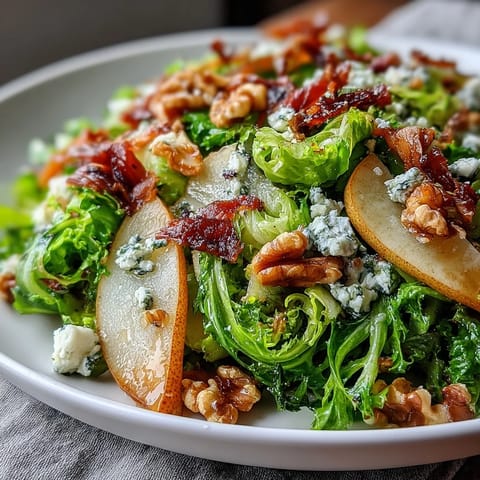 A fresh close-up of Frisée, Pear, Blue Cheese, and Crispy Prosciutto Salad with glistening vinaigrette, showing pear slices beside crunchy prosciutto and creamy blue cheese crumbles.