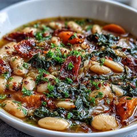 A close-up of a warm bowl of Mediterranean White Bean Stew, garnished with bright parsley and lemon wedges for a zesty finish.