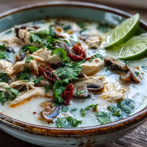 A steaming bowl of Tom Kha Gai served with lime wedges and jasmine rice on a rustic table.