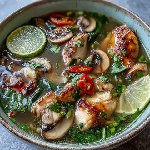Fresh cilantro and sliced spring onions garnish this spicy and sour Thai soup, served hot with a side of steamed jasmine rice for a complete meal.