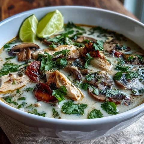 A steaming bowl of Tom Kha Soup enriched with coconut cream, lemongrass, and fragrant galangal.