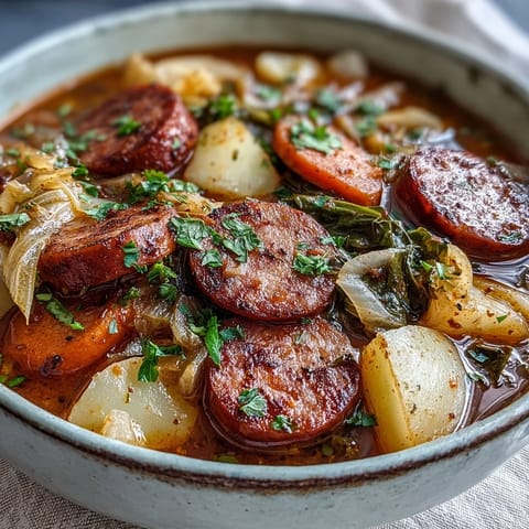 Smoked sausage, tender potatoes, and green cabbage simmer in a rich broth for a comforting one-pot meal.