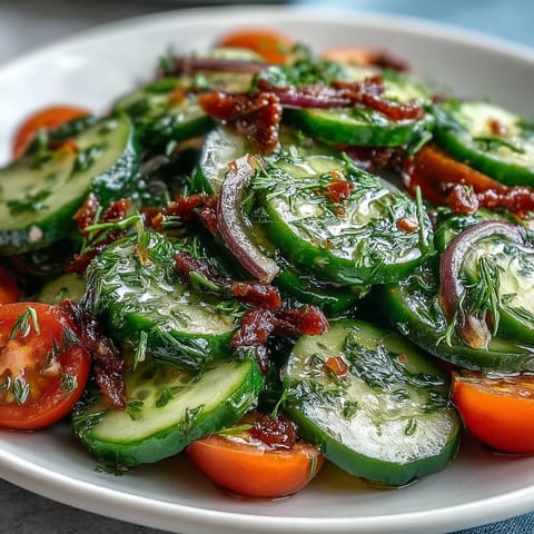Bright, thinly sliced cucumbers and red onion tossed in a tangy vinegar dressing, garnished with fresh dill, for a refreshing Crunchy Cucumber Salad.