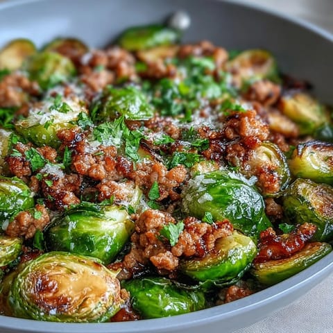 Golden-brown Brussels sprouts and savory ground turkey sizzle in a skillet, finished with Parmesan and fresh parsley.