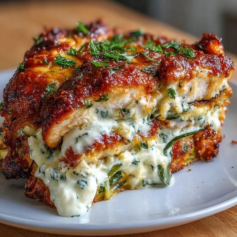 Layers of seared chicken and zucchini in a creamy yogurt egg blend topped with bubbly cheese, ready to slice.