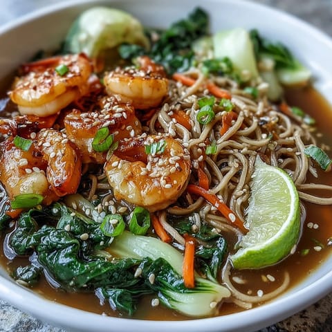 Asian Noodle Bowl with Shrimp and Scallops served in a savory broth with crisp veggies and sesame seeds.  