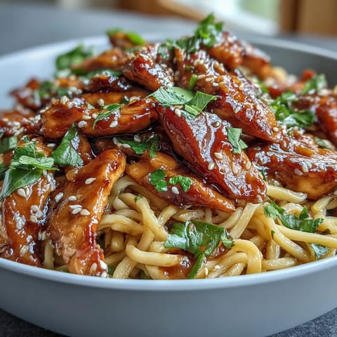 Tossing cooked noodles in a sweet-savory sesame sauce with chicken and fresh vegetables for a quick dinner.