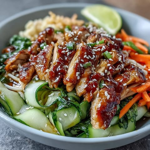 Steaming Asian Chicken Noodle Bowl in a white bowl, showcasing colorful vegetables like bell peppers and bean sprouts, garnished with toasted sesame seeds and served with a lime wedge on the side.