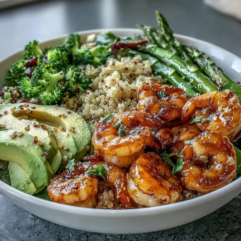 A close-up of the Rainbow Vegetable Detox Bowl with juicy shrimp, creamy avocado slices, and vibrant red cabbage over fluffy quinoa.  