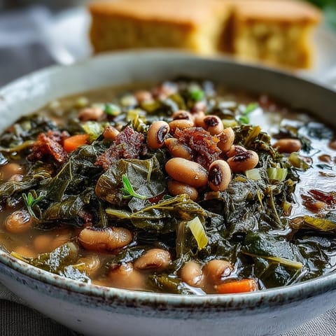 Tender Black-Eyed Peas With Collard Greens served in a bowl alongside golden cornbread.
