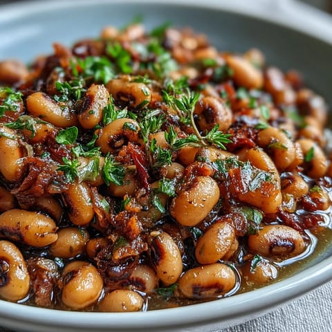 A steaming serving of Frozen Black-Eyed Peas, simmered with onions, garlic, and spices in a rustic bowl, ready to be paired with cornbread.