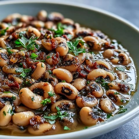 Tender black-eyed peas in a savory tomato and paprika broth, presented in a white bowl with fresh parsley garnish for a Southern-style side dish.
