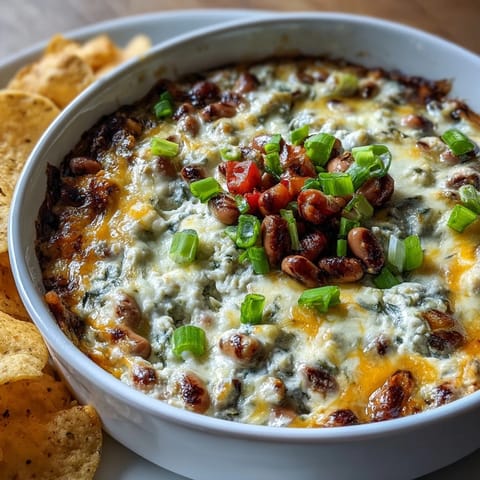 Golden, bubbly cheddar tops the Hot Black-Eyed Pea Dip in a ceramic baking dish, ready to scoop with tortilla chips.