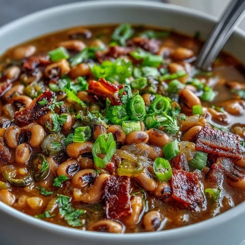 Smoky Big Pot of Texas Black-Eyed Peas simmering in a Dutch oven with diced bacon and tomatoes.