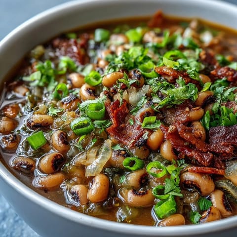 Steaming bowl of Big Pot of Texas Black-Eyed Peas garnished with fresh cilantro and green onions.