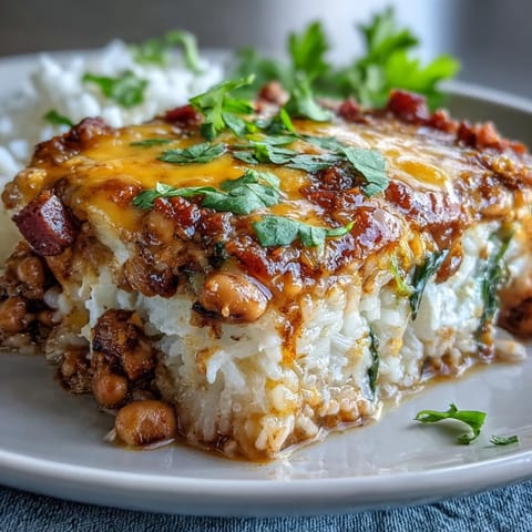 Freshly baked Tex Mex Black Eyed Pea Casserole with melted cheddar cheese, Rotel tomatoes, and smoky bacon bubbling on top.