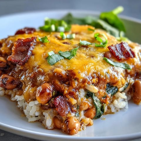 Golden brown, bubbly cheddar cheese tops the hearty Tex Mex Black Eyed Pea Casserole, garnished with fresh cilantro.